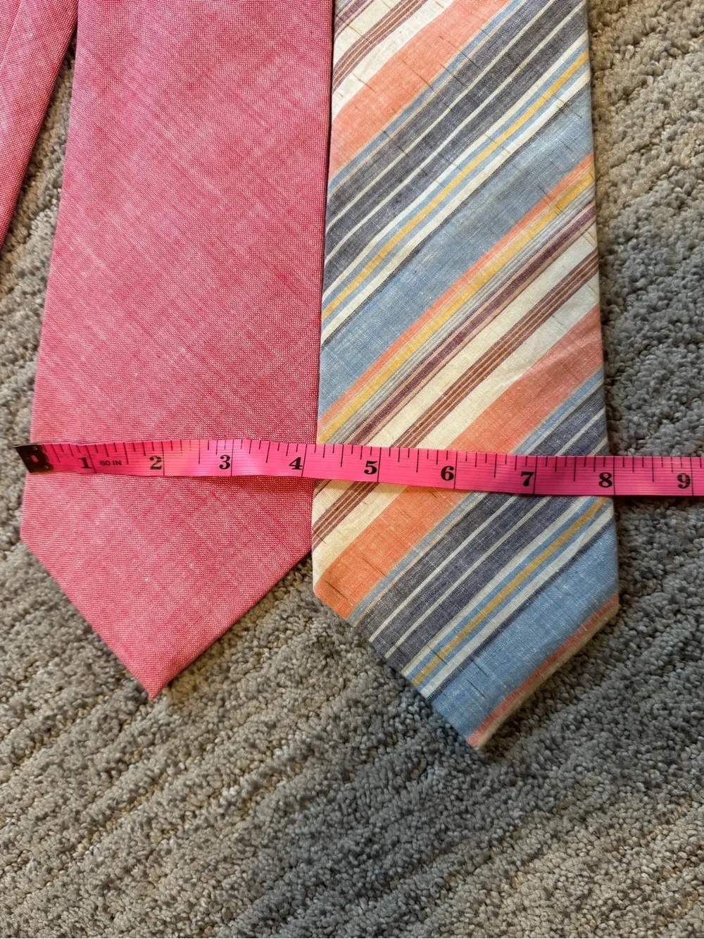 Two Vintage 70s Cotton Wide Neck Ties - Coral Red and Multicolor Striped